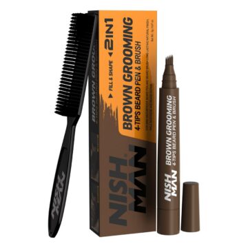 NISHMAN 4-tips barzdos pieštukas ir šepetėlis Dark Brown
